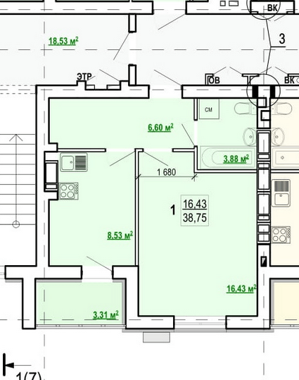 Продажа 1-комнатной квартиры 38 м²