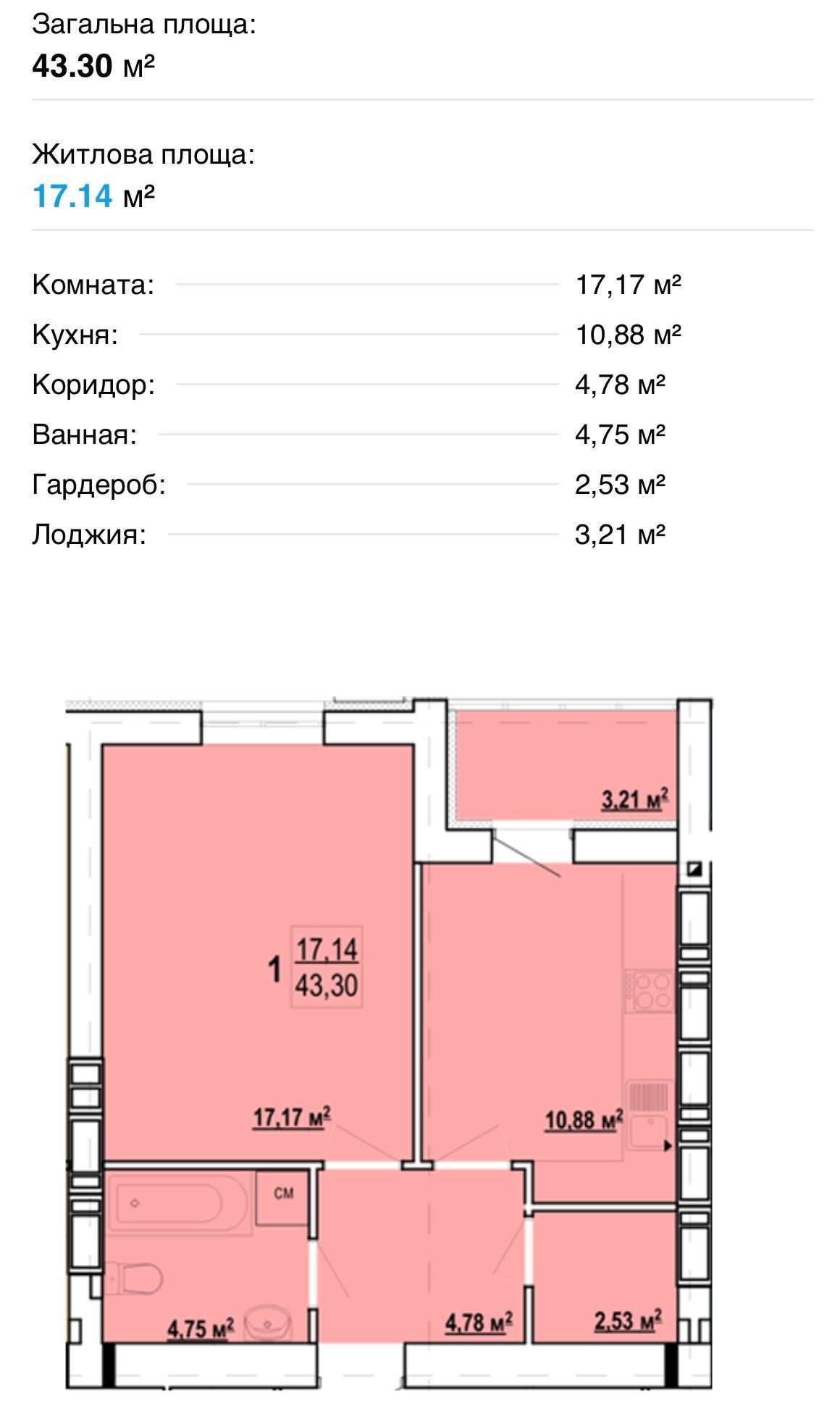 Продаж 1-кімнатної квартири 43 м²