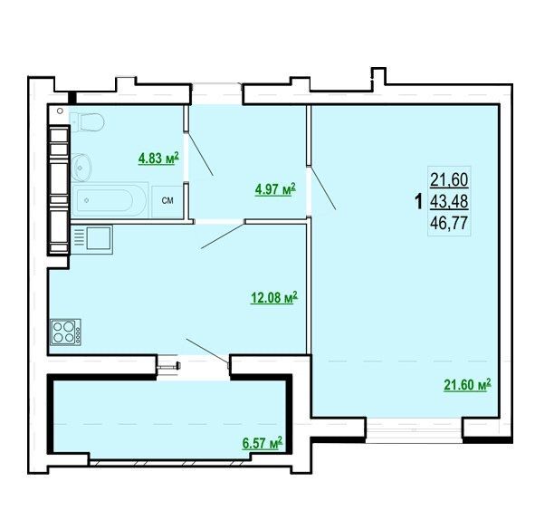 Продаж 1-кімнатної квартири 46 м²