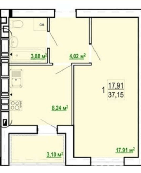 Продаж 1-кімнатної квартири 37 м²