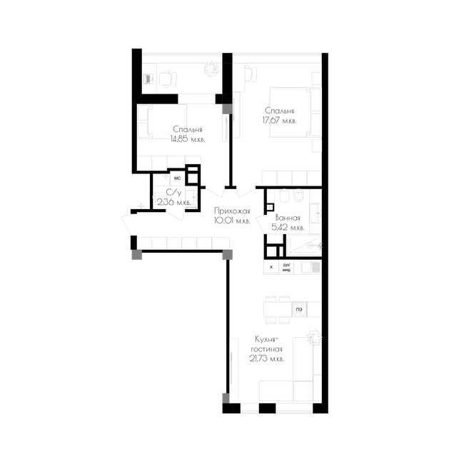 Продажа 2-комнатной квартиры 72 м²