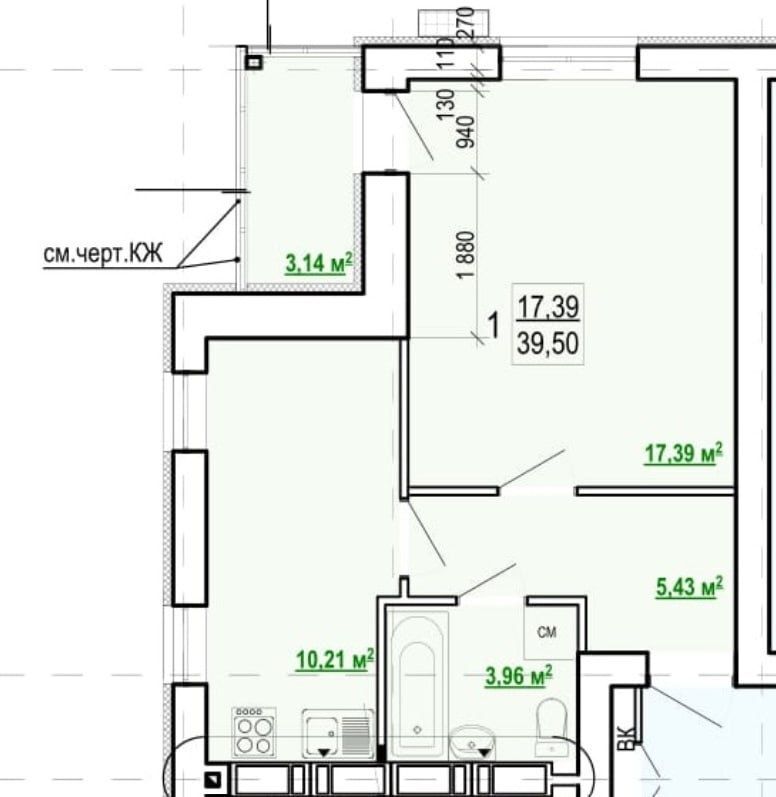 Продаж 1-кімнатної квартири 40.13 м²