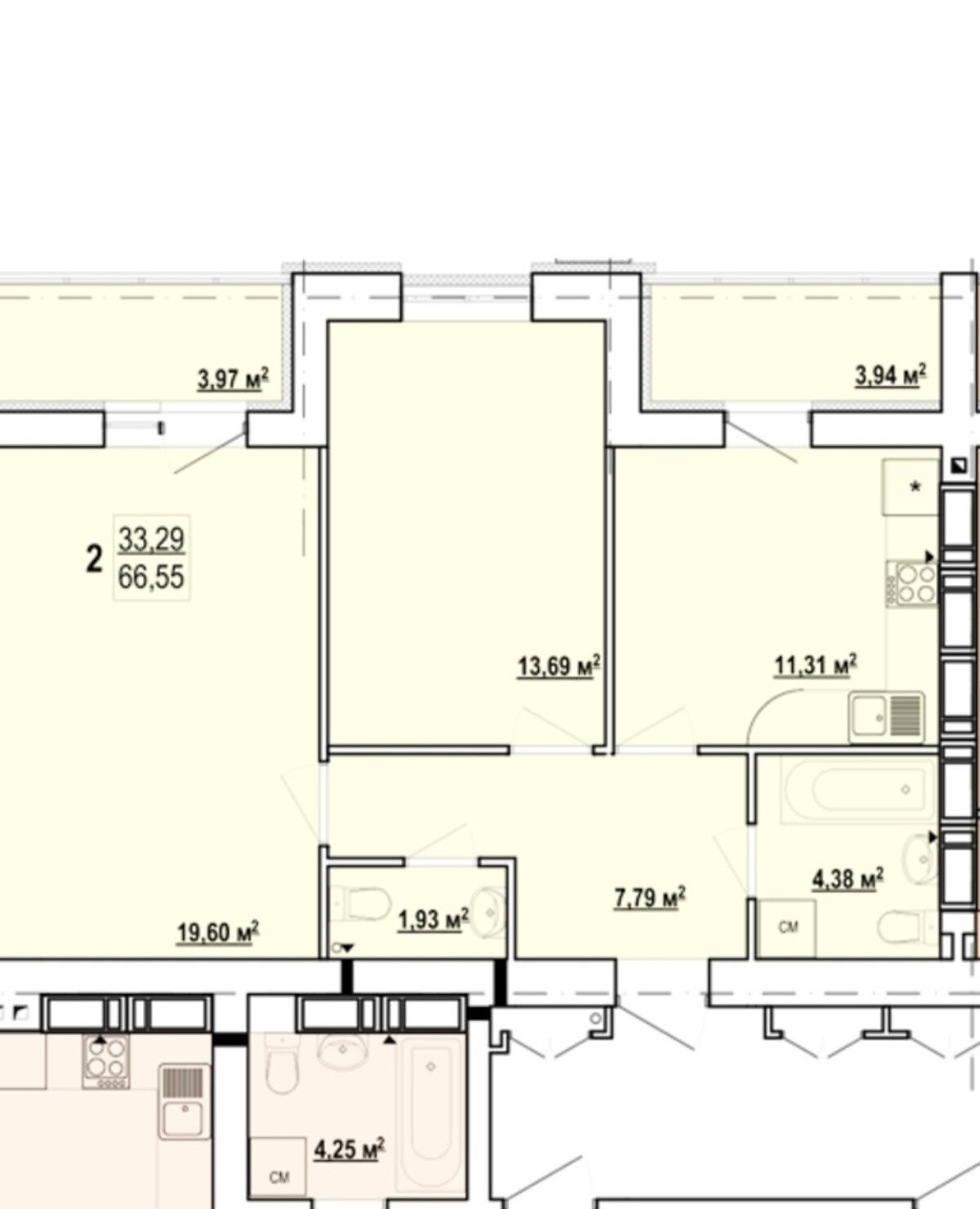 Продаж 2-кімнатної квартири 66 м²