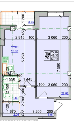 Продажа 1-комнатной квартиры 53 м²