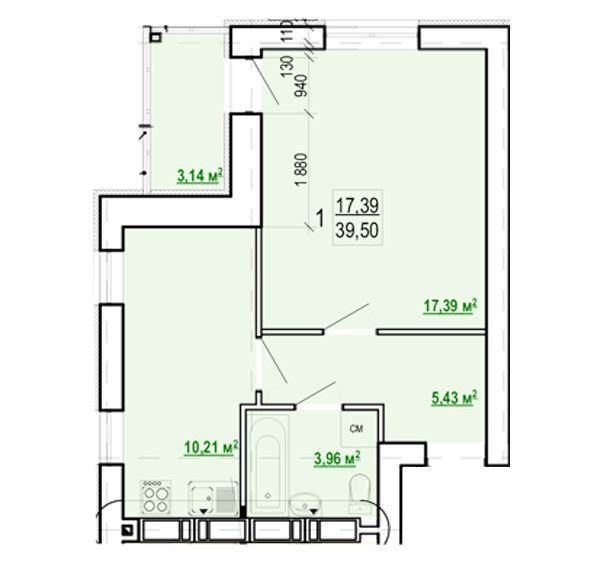 Продаж 1-кімнатної квартири 39 м²