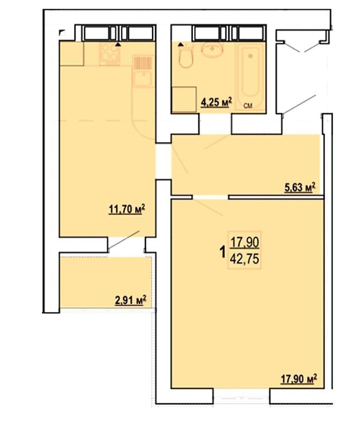 Продажа 1-комнатной квартиры 43 м²