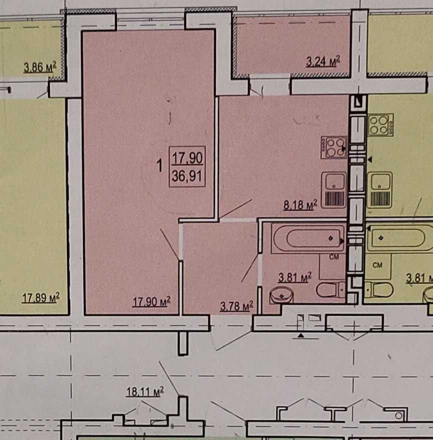 Продаж 1-кімнатної квартири 37 м²