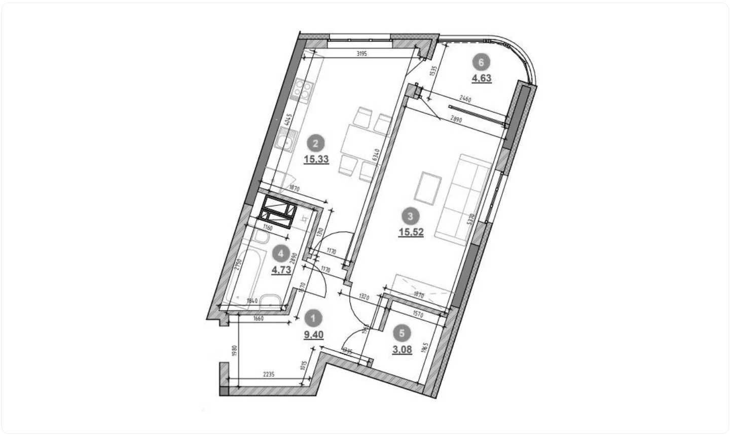 Продажа 1-комнатной квартиры 53 м²