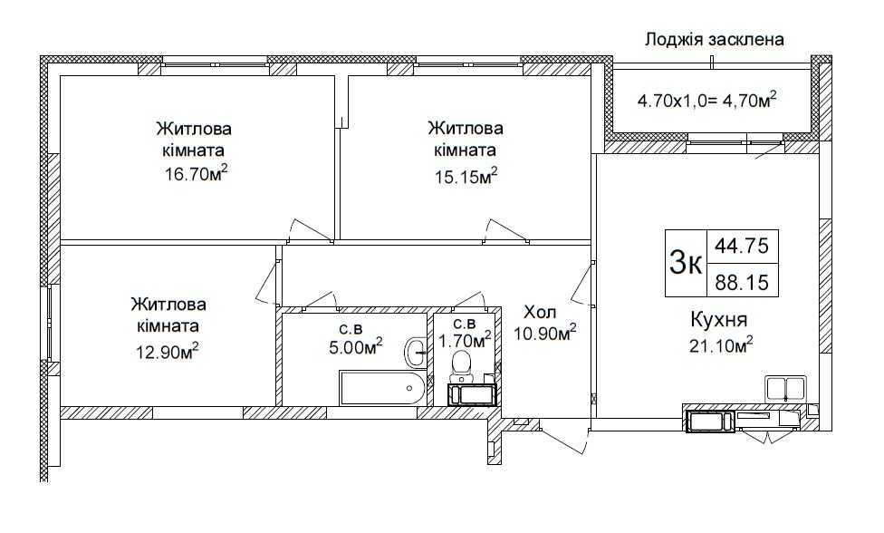 Продаж 3-кімнатної квартири 88.15 м², Львівська вул., 15