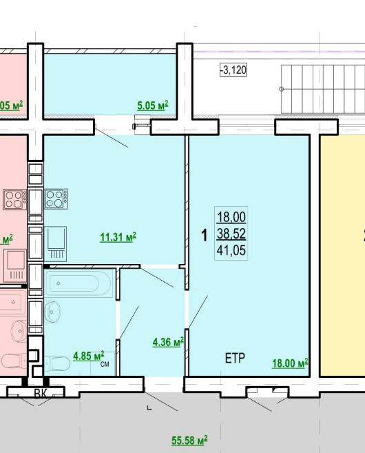 Продаж 1-кімнатної квартири 41 м²