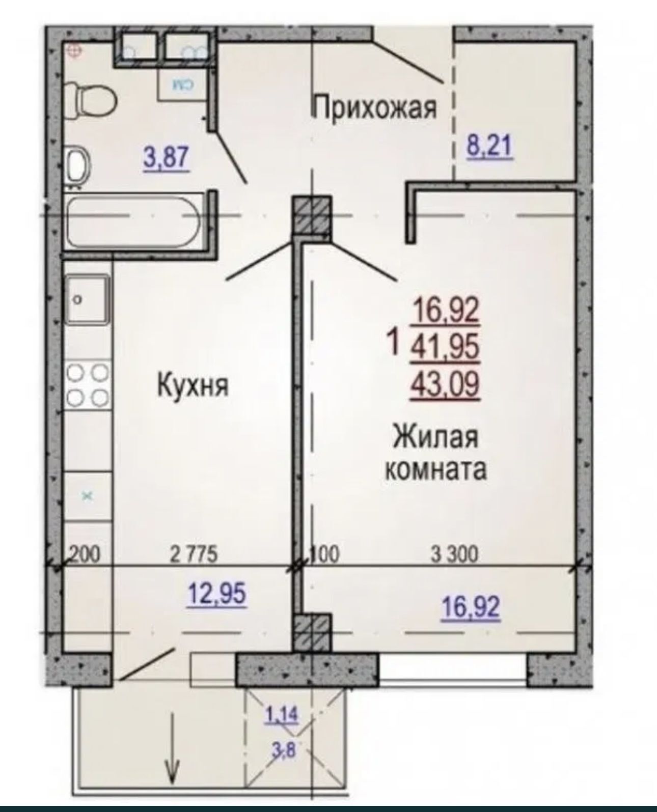 Продажа 1-комнатной квартиры 43 м²