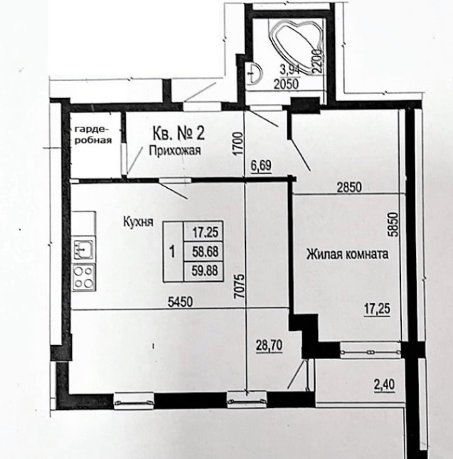 Продажа 1-комнатной квартиры 60 м²