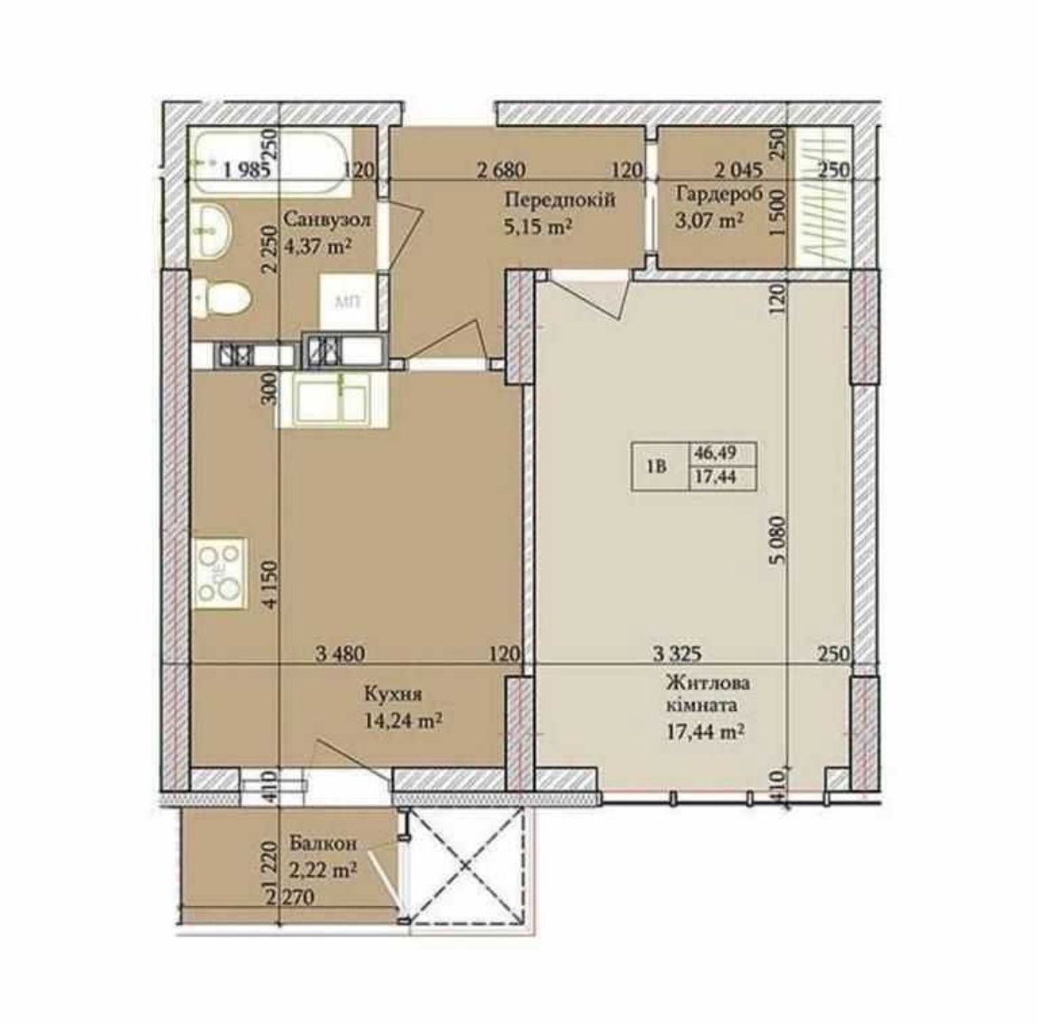 Продажа 1-комнатной квартиры 47 м²