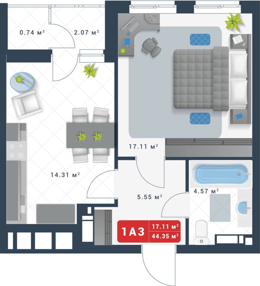 Продаж 1-кімнатної квартири 44 м²