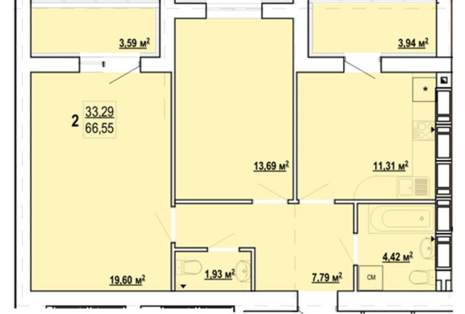 Продажа 2-комнатной квартиры 66 м²