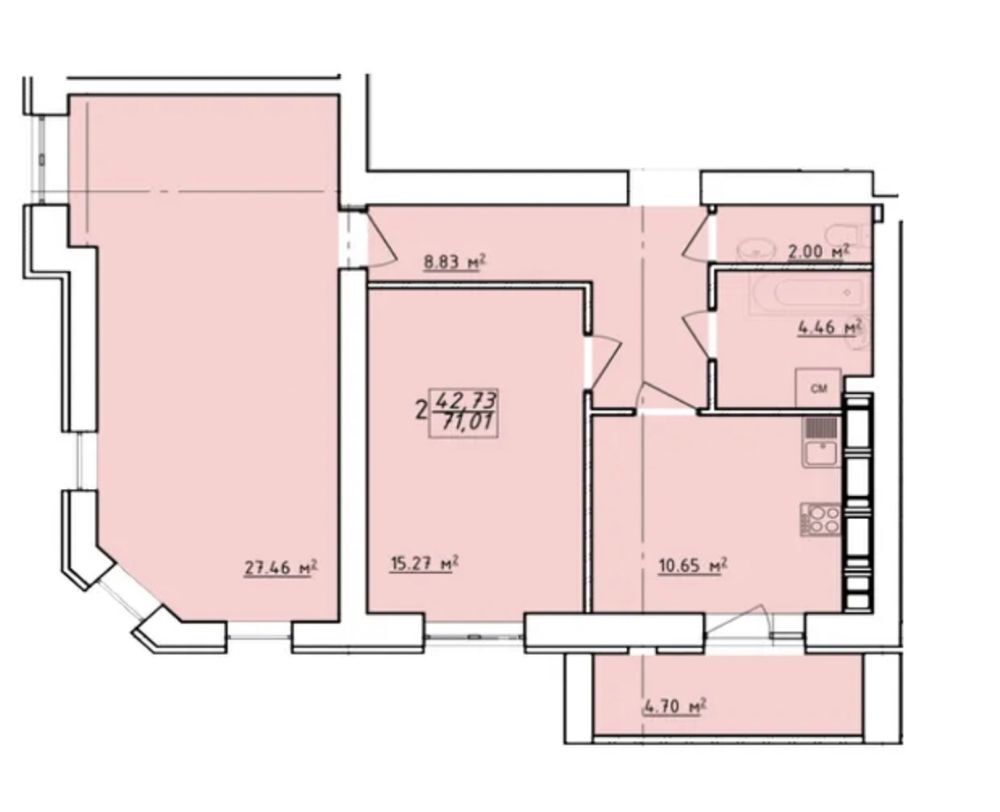 Продажа 2-комнатной квартиры 71 м²