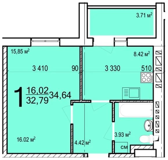 Продаж 1-кімнатної квартири 34 м²