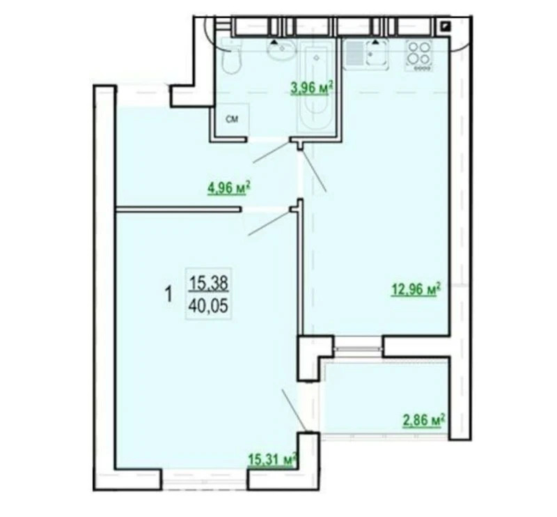 Продаж 1-кімнатної квартири 40 м²