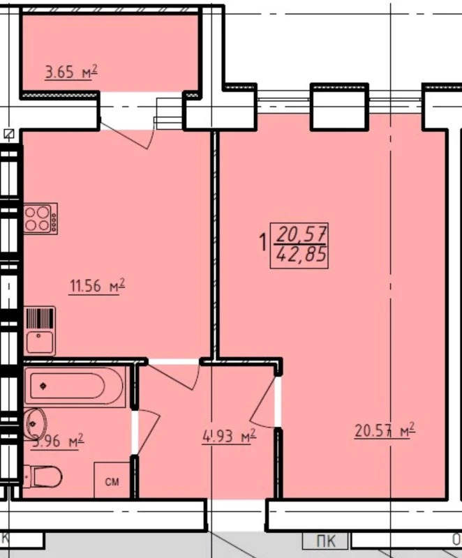 Продаж 1-кімнатної квартири 42 м²