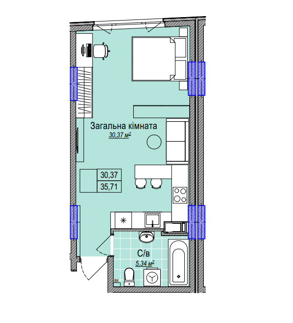 Продаж студії 35.1 м², Кам’янська вул., 127