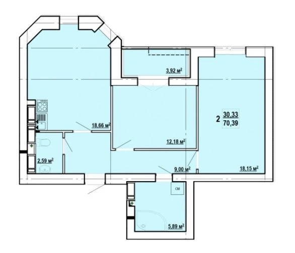 Продажа 2-комнатной квартиры 70 м²