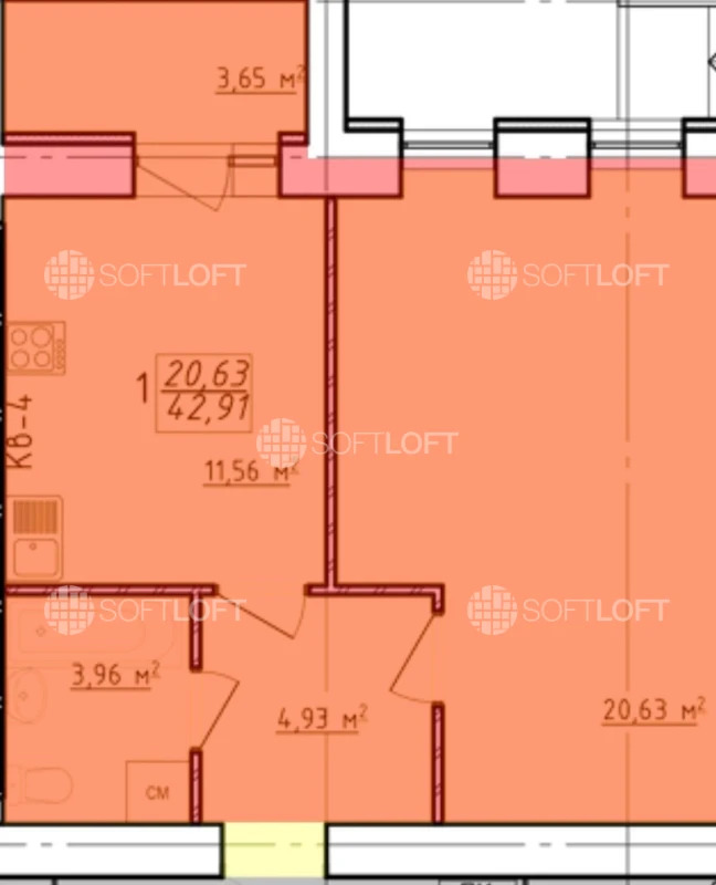 Продаж 1-кімнатної квартири 43 м²