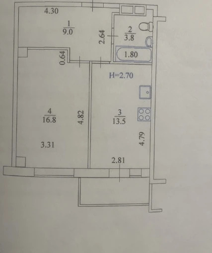 Продаж 1-кімнатної квартири 44 м²