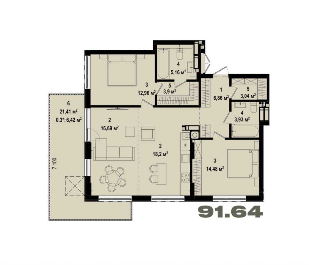 Продажа 3-комнатной квартиры 91.64 м², Украинская ул., 1а