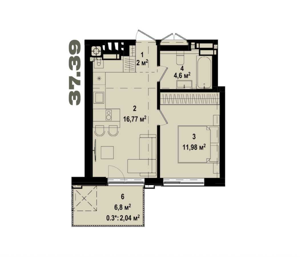Продажа 2-комнатной квартиры 37.39 м², Украинская ул., 1а