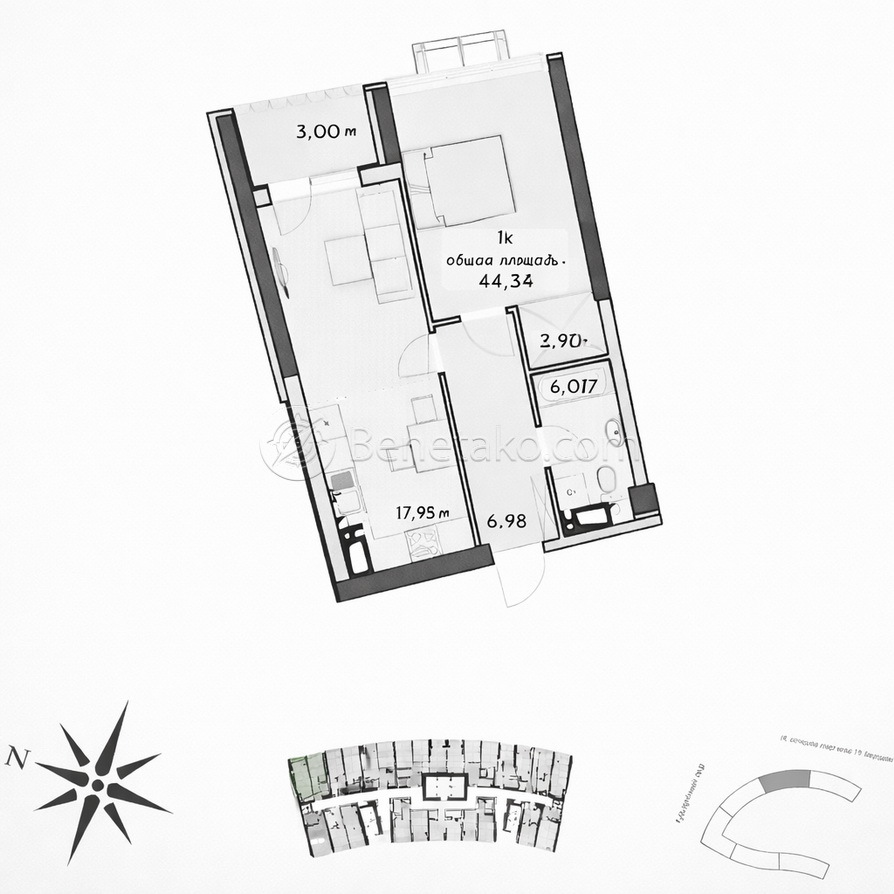 Продажа 1-комнатной квартиры 44 м², ЖК Атмосфера, СЕКЦИИ 6-7