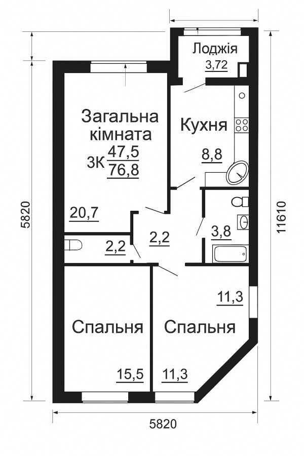 Продаж 3-кімнатної квартири 76.8 м², Відпочинку, 3