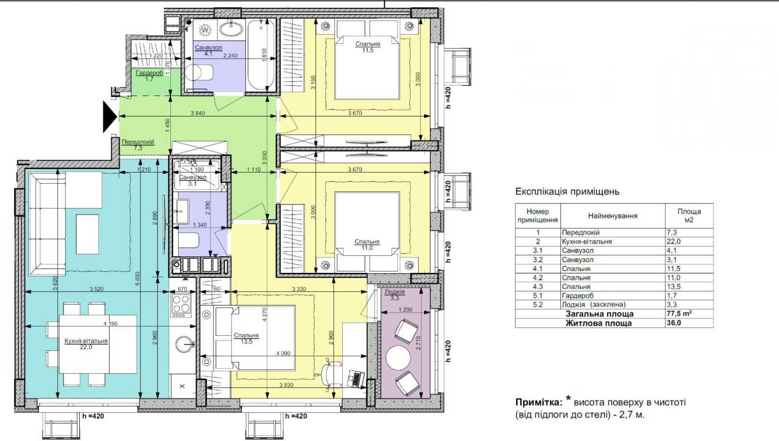 Оренда 3-кімнатної квартири 77 м², Салютна вул., 2