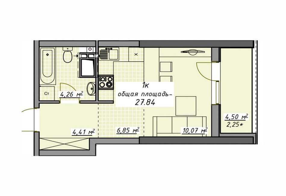 Продаж 1-кімнатної квартири 27.84 м², ЖК Атмосфера, Секції 2-3
