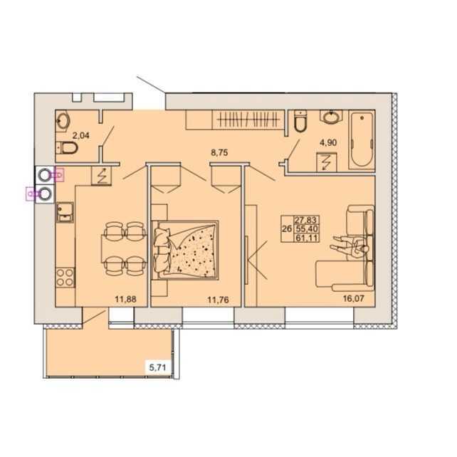 Продаж 2-кімнатної квартири 62 м², ЖК на вул. Сінна, 19, Будинок 1