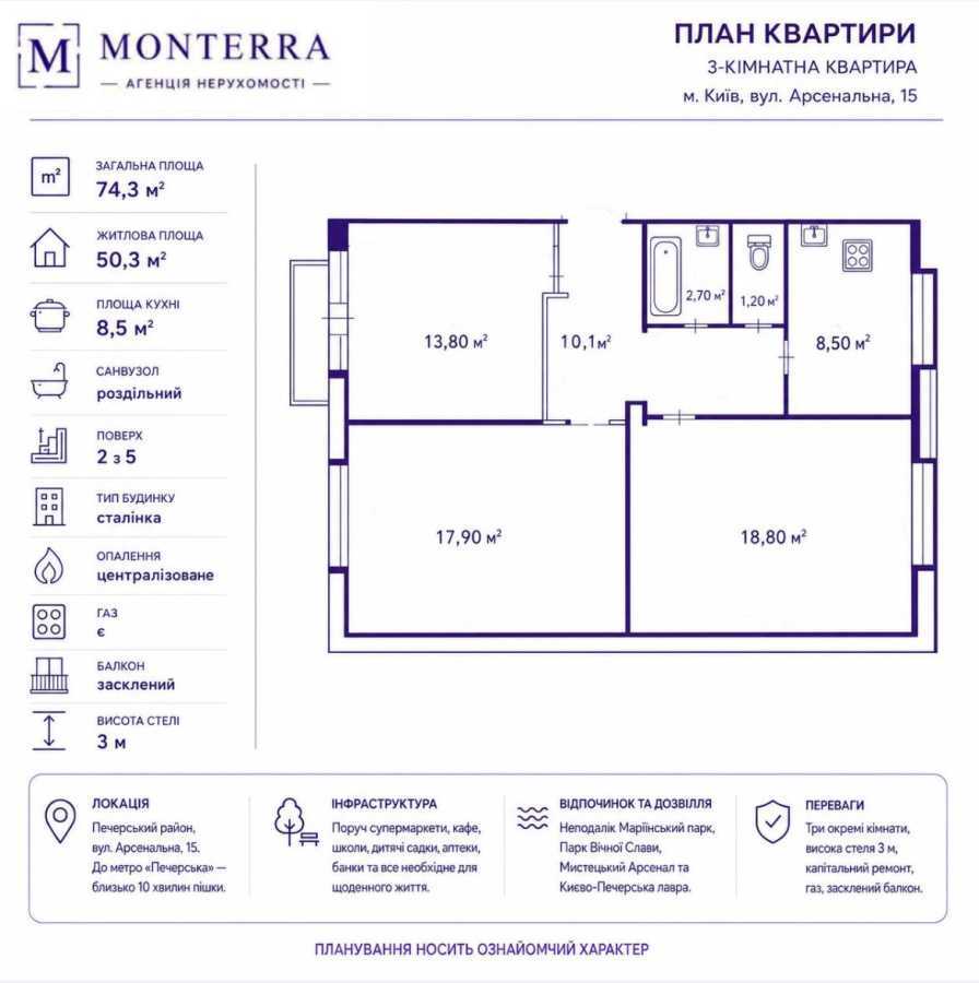 Продаж 3-кімнатної квартири 74.3 м², Арсенальна вул., 15