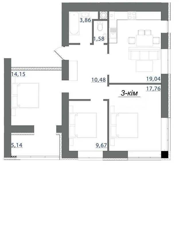 Продажа 3-комнатной квартиры 83.3 м², Бугая