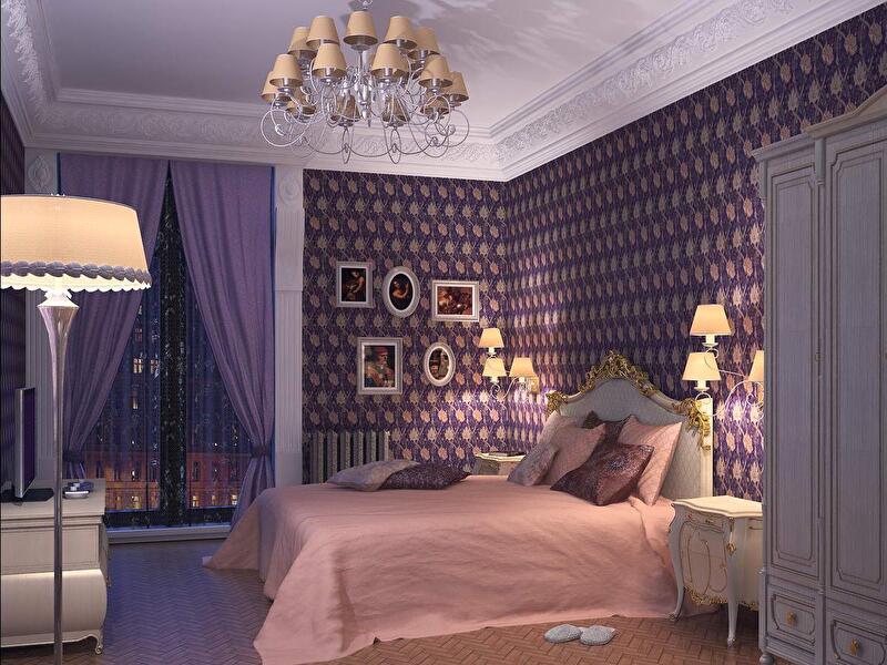 Лиловая спальня в стиле современное ар-деко