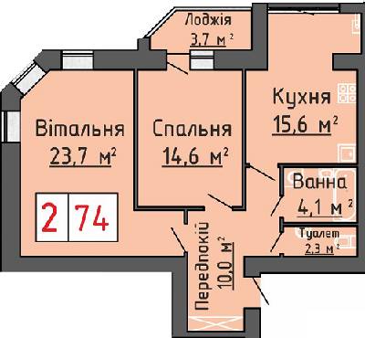 2-кімнатна 74 м² в ЖК Волошковий дім від забудовника, с. Липини