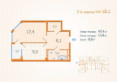 1-комнатная 47.4 м² в ЖК Авангард от застройщика, Киев