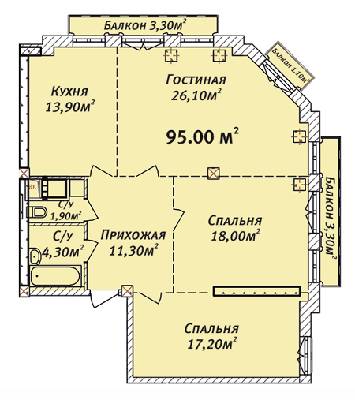 3-комнатная 95 м² в ЖК Дом на Осипова от застройщика, Одесса
