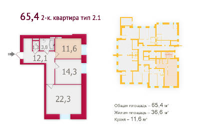 2-комнатная 65.4 м² в ЖК Обериг от застройщика, Киев