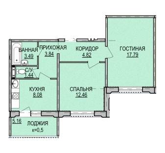 2-комнатная 54.5 м² в ЖК на ул. Дагаева, 5 от застройщика, пгт Песочин