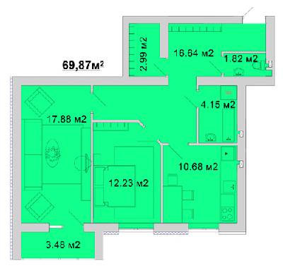 2-комнатная 69.87 м² в ЖМ Радуга от 11 800 грн/м², Винница