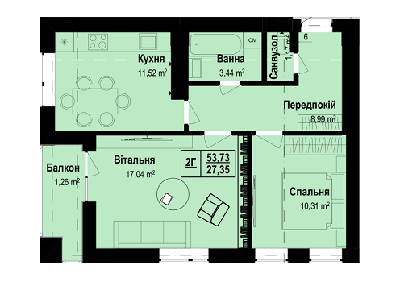 2-кімнатна 53.73 м² в ЖК Vlasna від 23 000 грн/м², с. Ходосівка