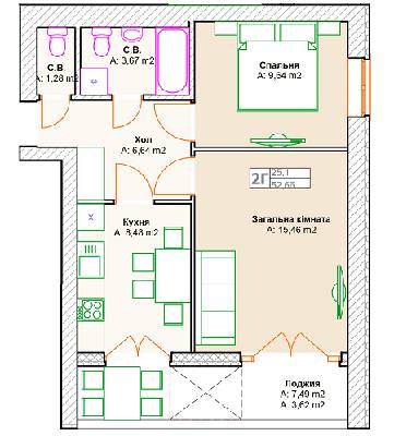 2-комнатная 52.66 м² в ЖК на ул. Довженко (Гайдара) от 13 900 грн/м², г. Ирпень