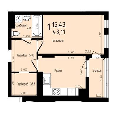 1-комнатная 43.11 м² в ЖК Plus 2 от 15 500 грн/м², Львов
