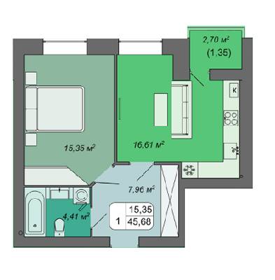 1-комнатная 45.68 м² в ЖК Green's от 14 500 грн/м², Винница