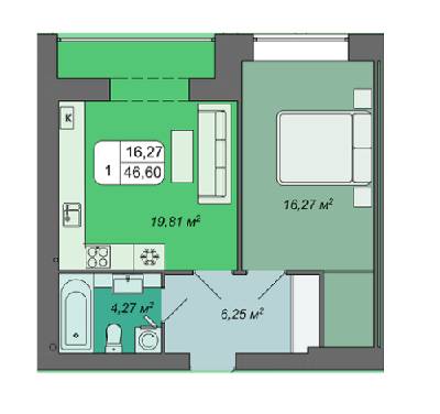1-комнатная 46.6 м² в ЖК Green's от 14 500 грн/м², Винница