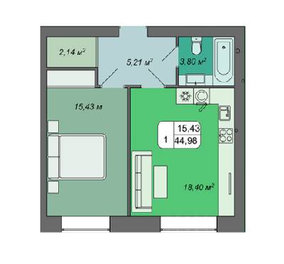1-комнатная 44.98 м² в ЖК Green's от 14 500 грн/м², Винница