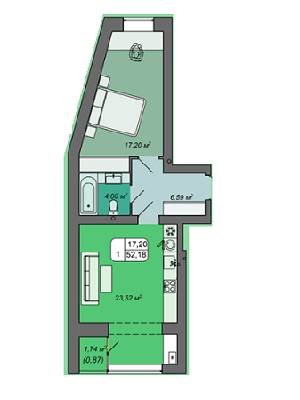 1-комнатная 52.18 м² в ЖК Green's от 14 500 грн/м², Винница